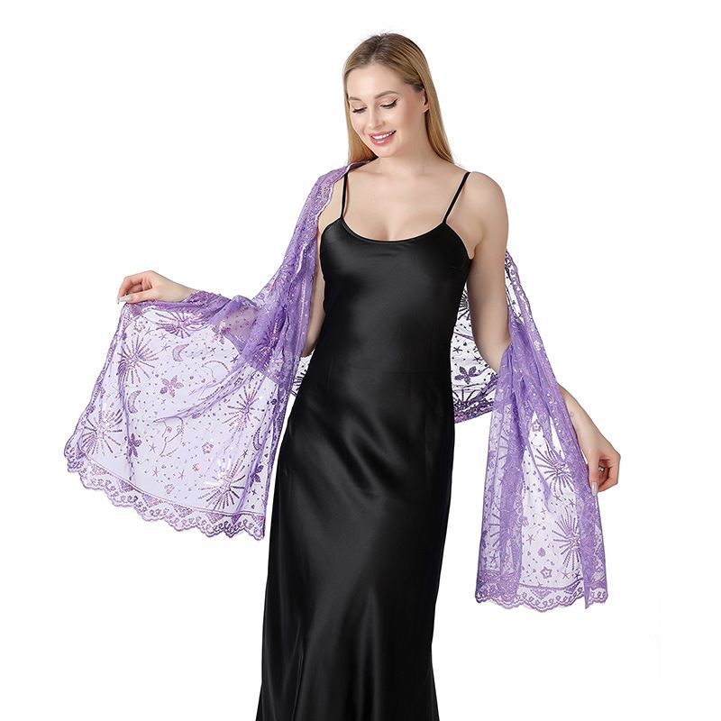 Luxury Star Moon Embroidered Shawl Wrap for Women Black Silver