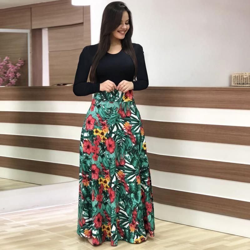 Spring And Summer Women's Floral Print Long-Sleeve Round Neck Long Dress