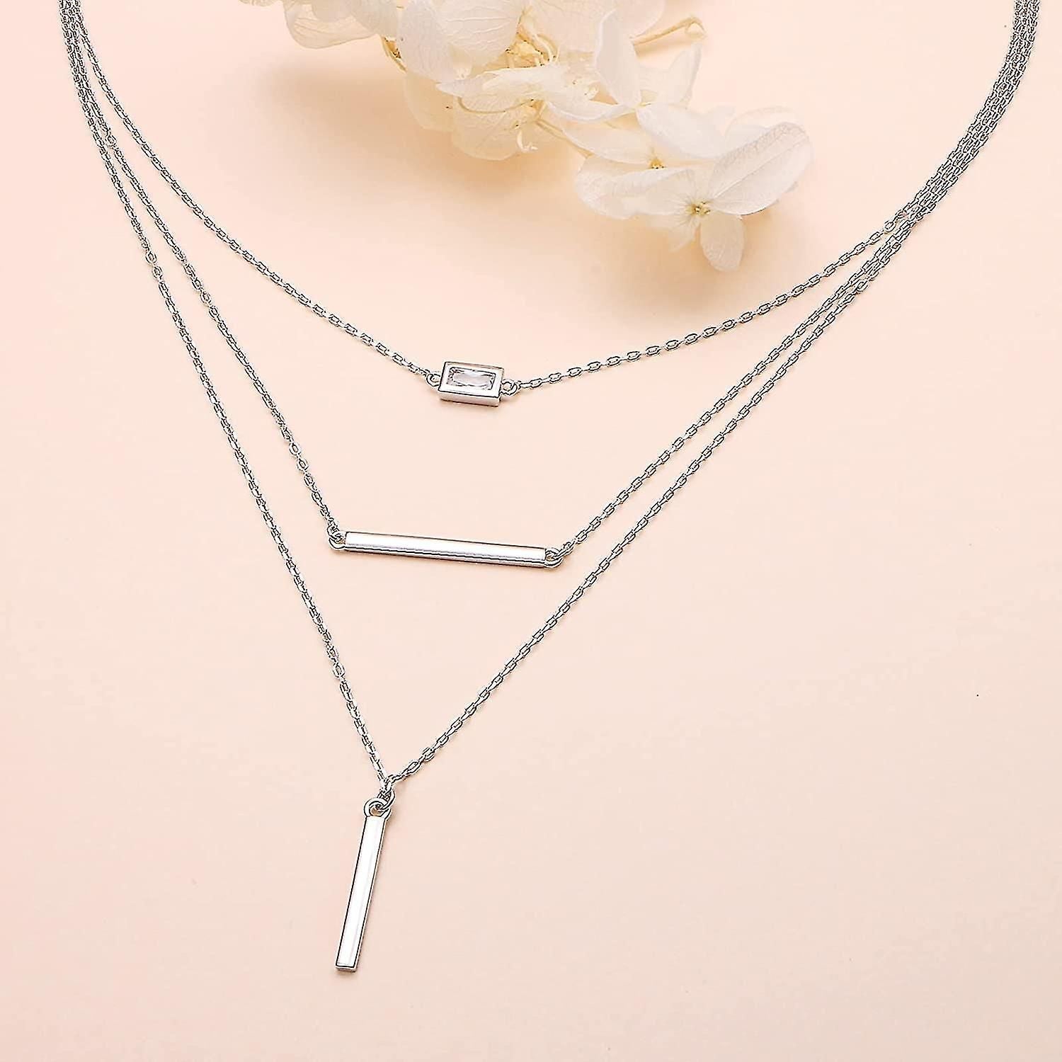 S925 Sterling Silver Multilayer Layered Triple Long Chain Pendant Necklace For Women