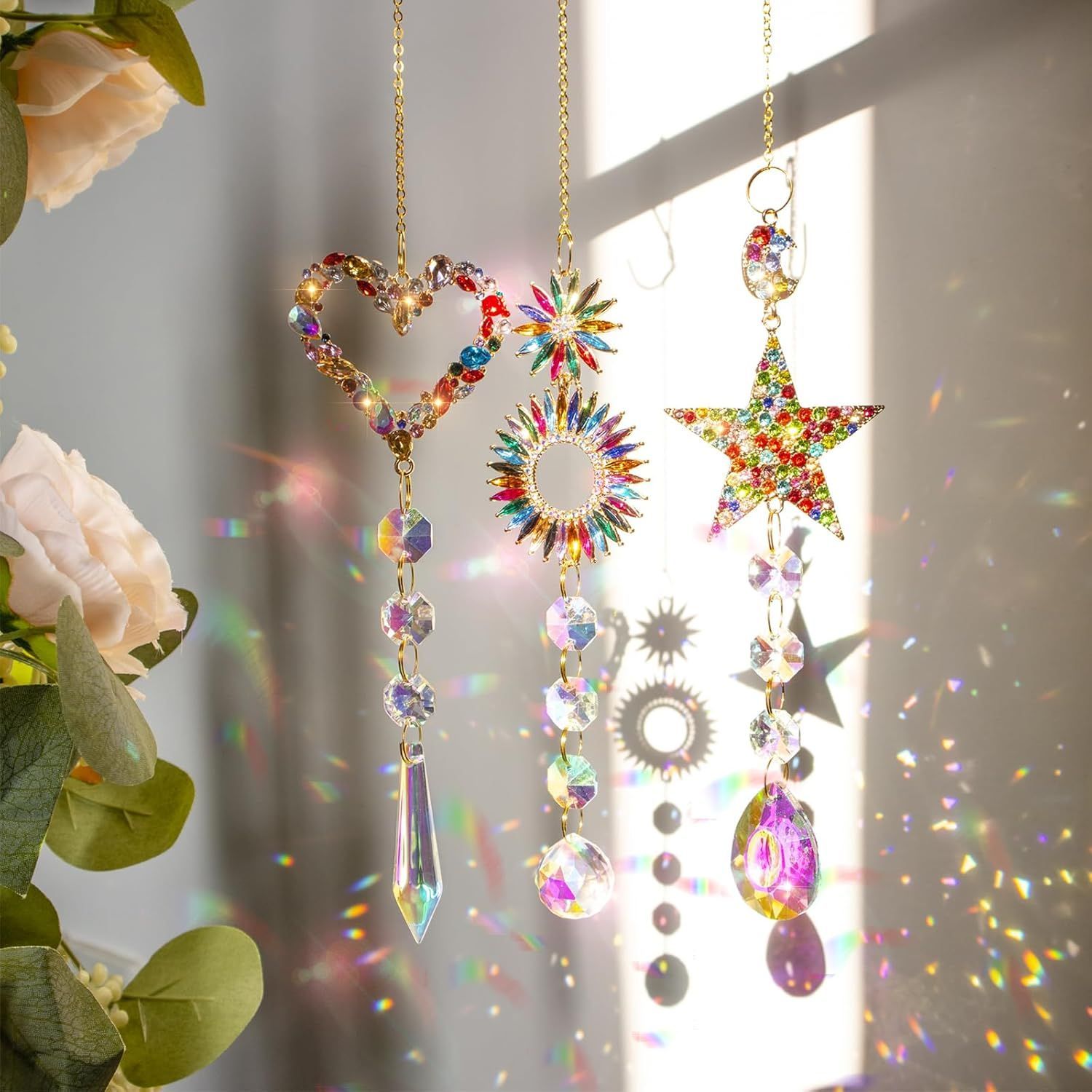 3pcs Crystal Suncatchers Windows Stained Glass Hanging Ornaments Rainbow Light Catchers