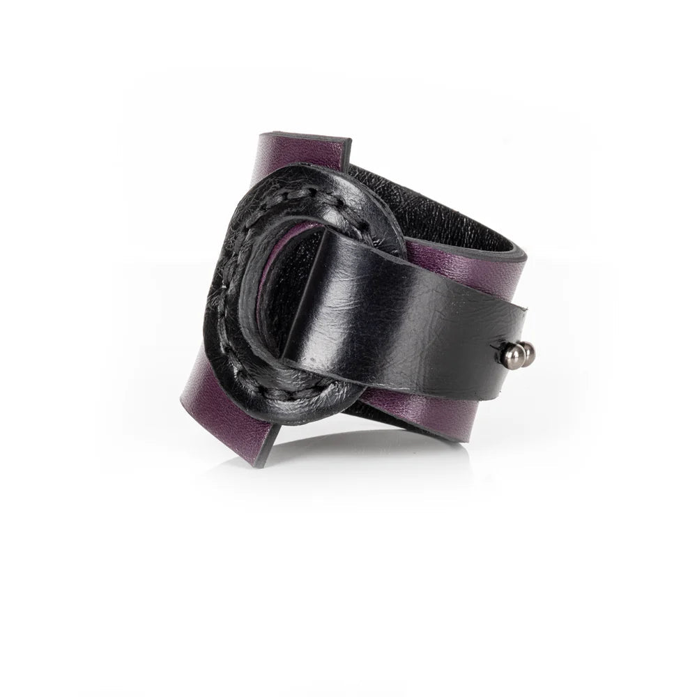 The Dark Black & Deep Plum Leather Wrap Bracelet Sculpted Ring