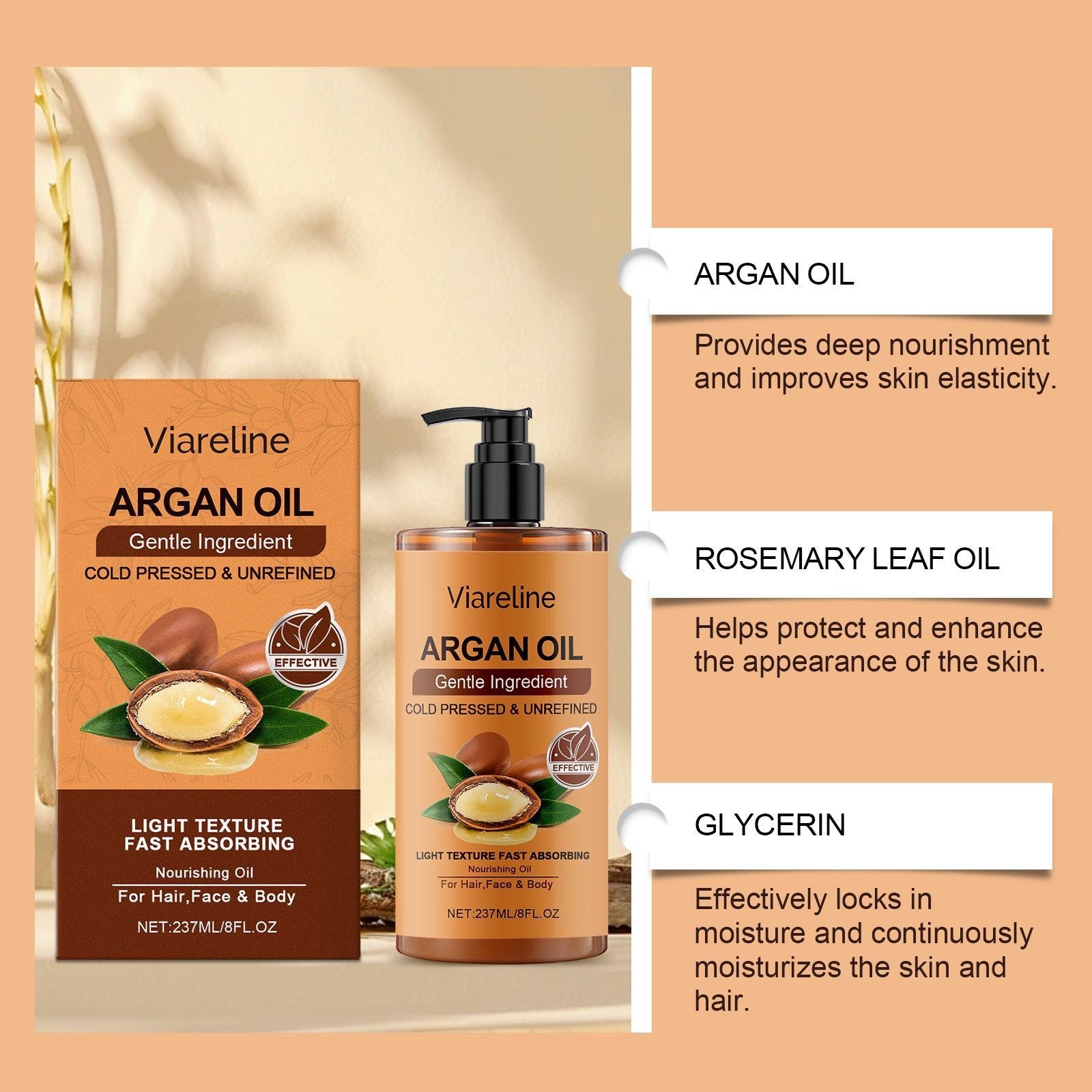 Argan Oil for Body Care, Hydrating Hair & Skin Moisturizer, Multi-Functional Essential Oil ,237ml