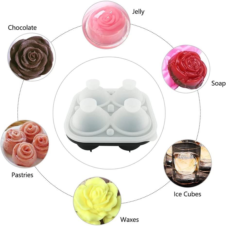 4 Cavity Ice Cube Trays 3D Silicone Rose Ice Tray Mold With Removable Funnel-Shaped Lid