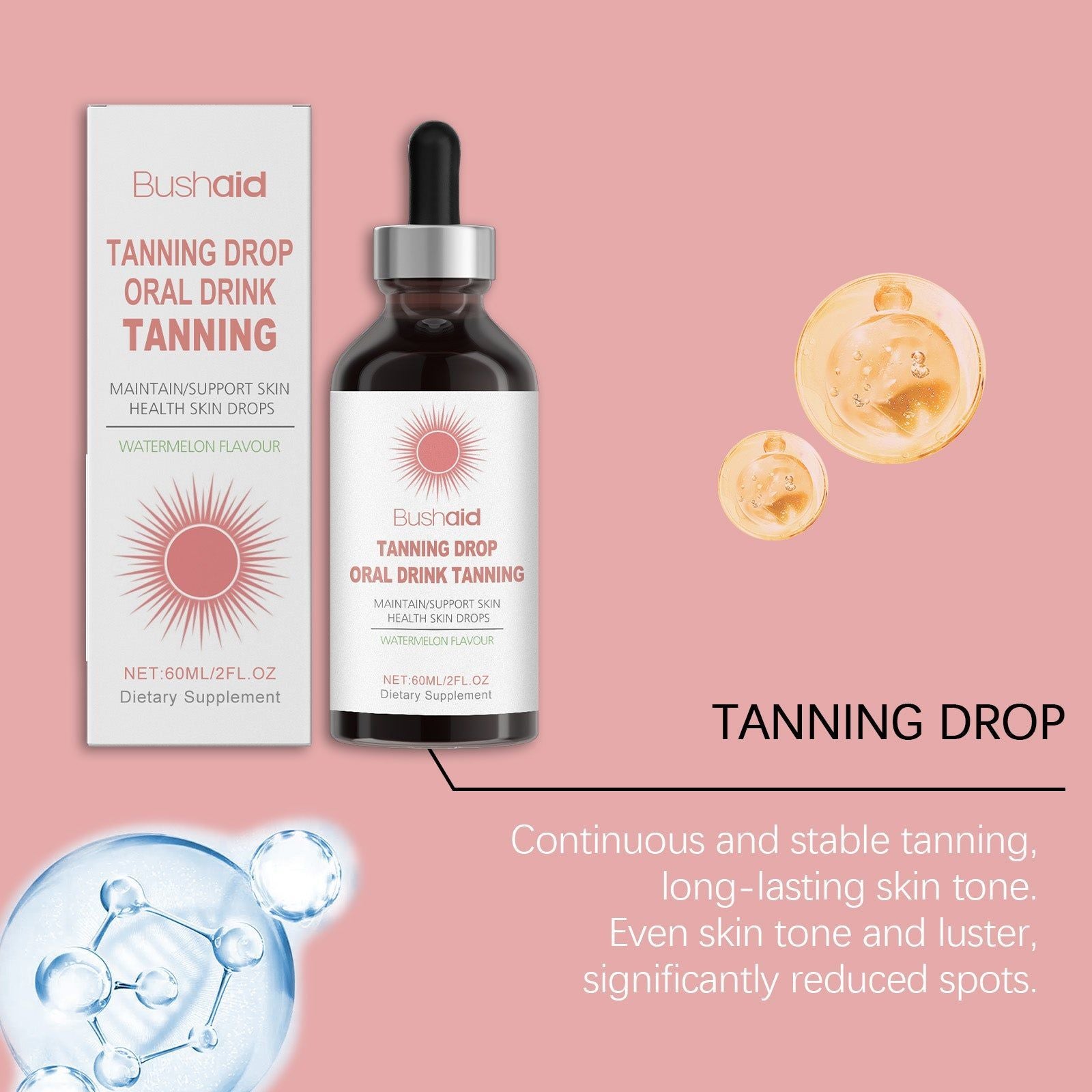 BushAid Moisturizing Tanning Drops for Body Care, Glow, Skin Protection, Easy Use ,60ml