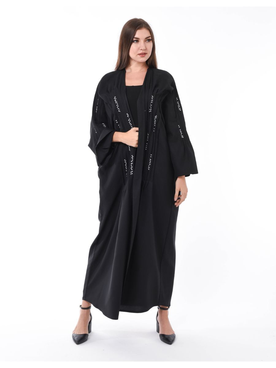 MOiSTREET Black Pleated Detail Abaya with Hand Sequin Embroidery