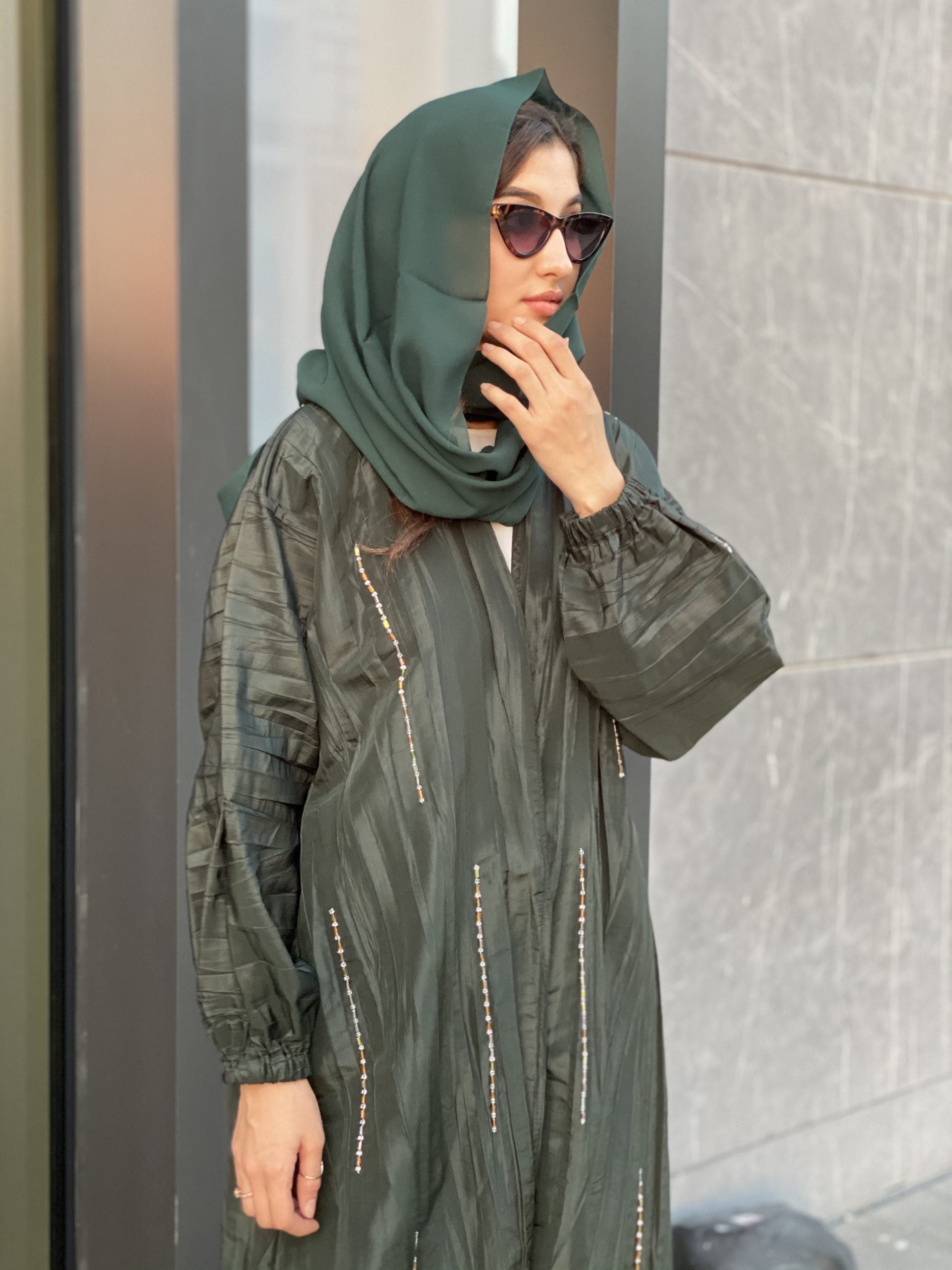 MOiSTREET Green Pleated Taffeta Abaya