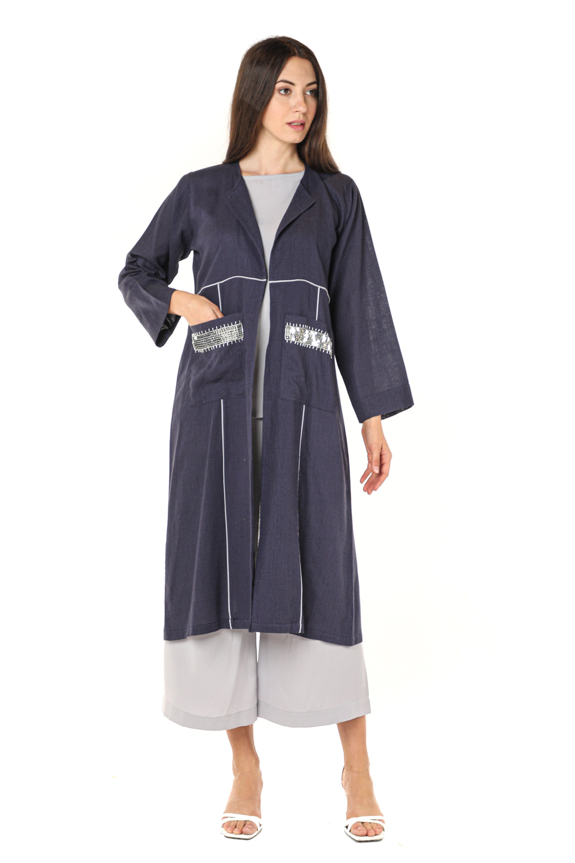 MOiSTREET Navy Linen Embellished Pockets With Pants And  Crepe Top