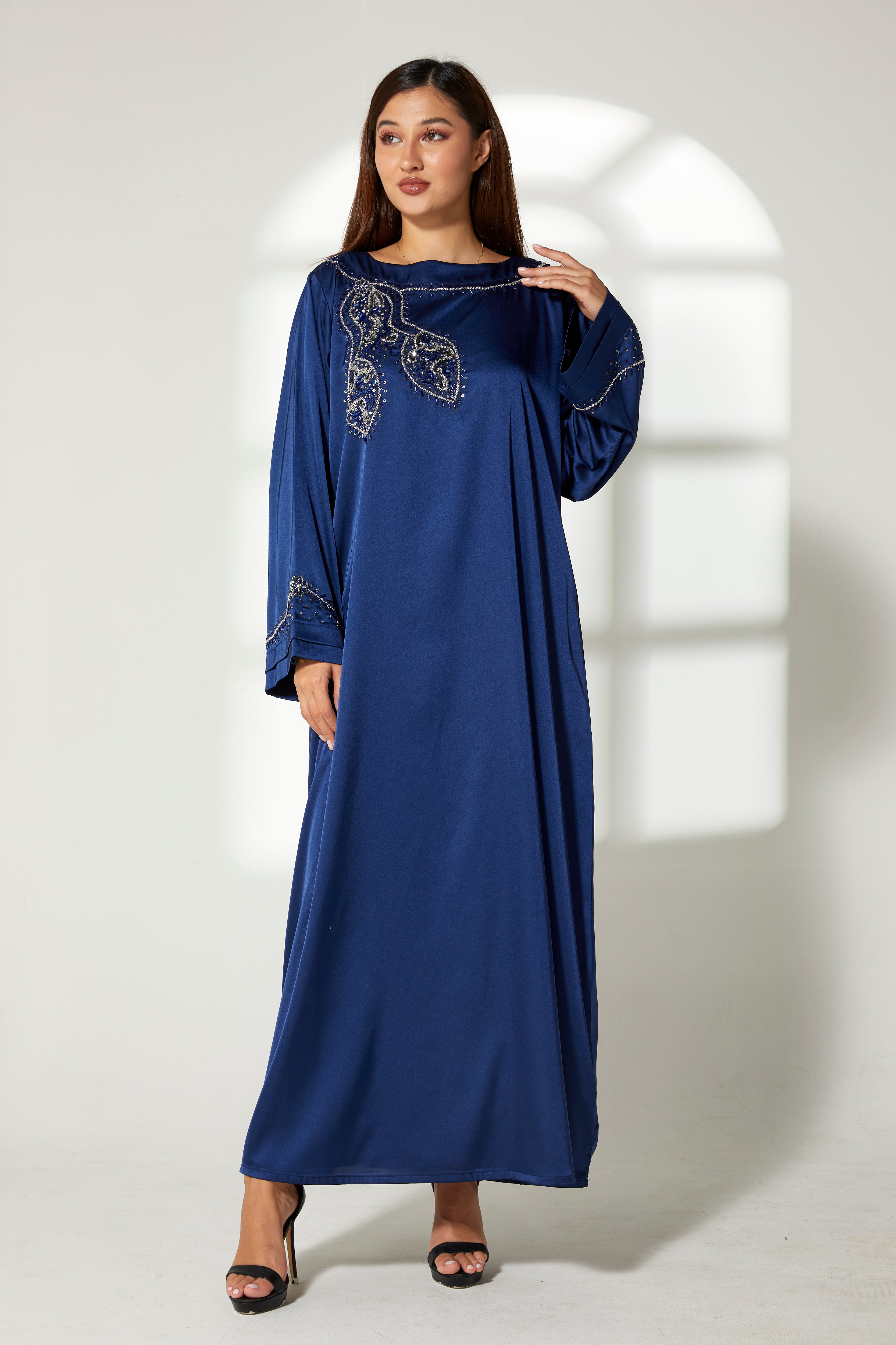 MOiSTREET Navy Silk Hand Embroidered  Kaftan