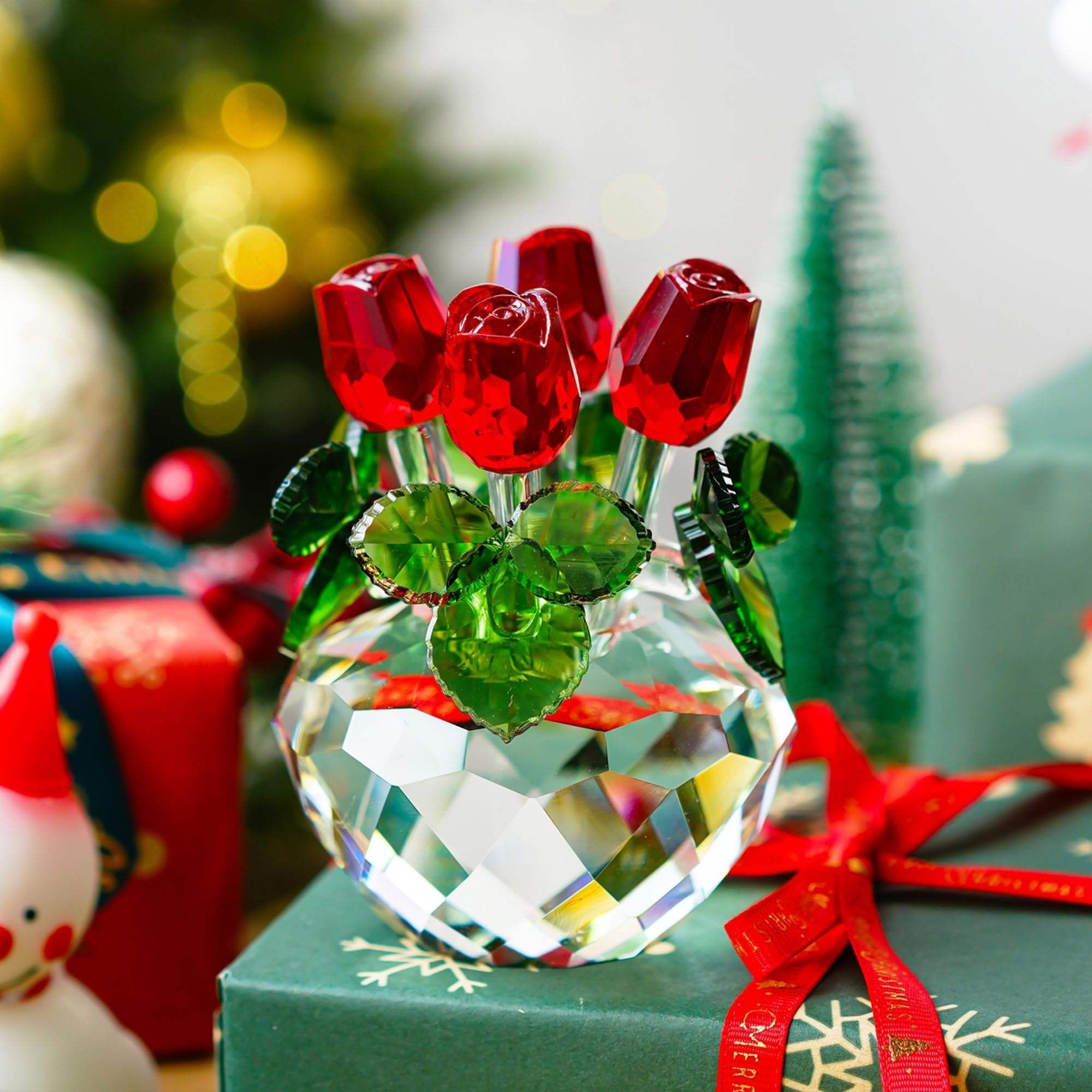 Red Rose Figurine Ornament Spring Bouquet Crystal Glass Car Decoration Valentines Day Gift