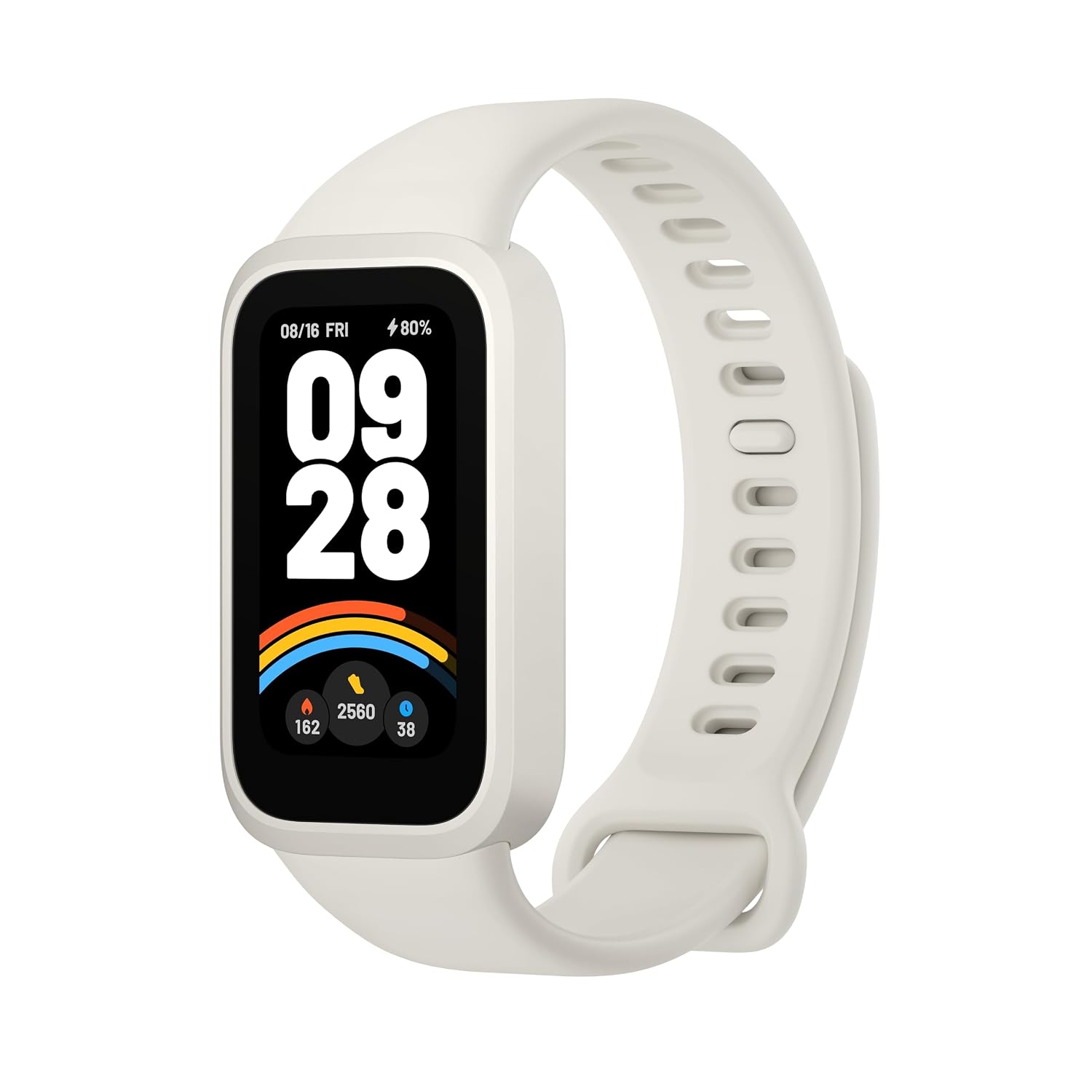 سوار اللياقة البدنية الذكي Xiaomi Smart Band 9 Active، باللون البيج والأبيض، بشاشة مقاس 1.47 بوصة، و50 وضعًا رياضيًا، وعمر بطارية يصل إلى 18 يومًا