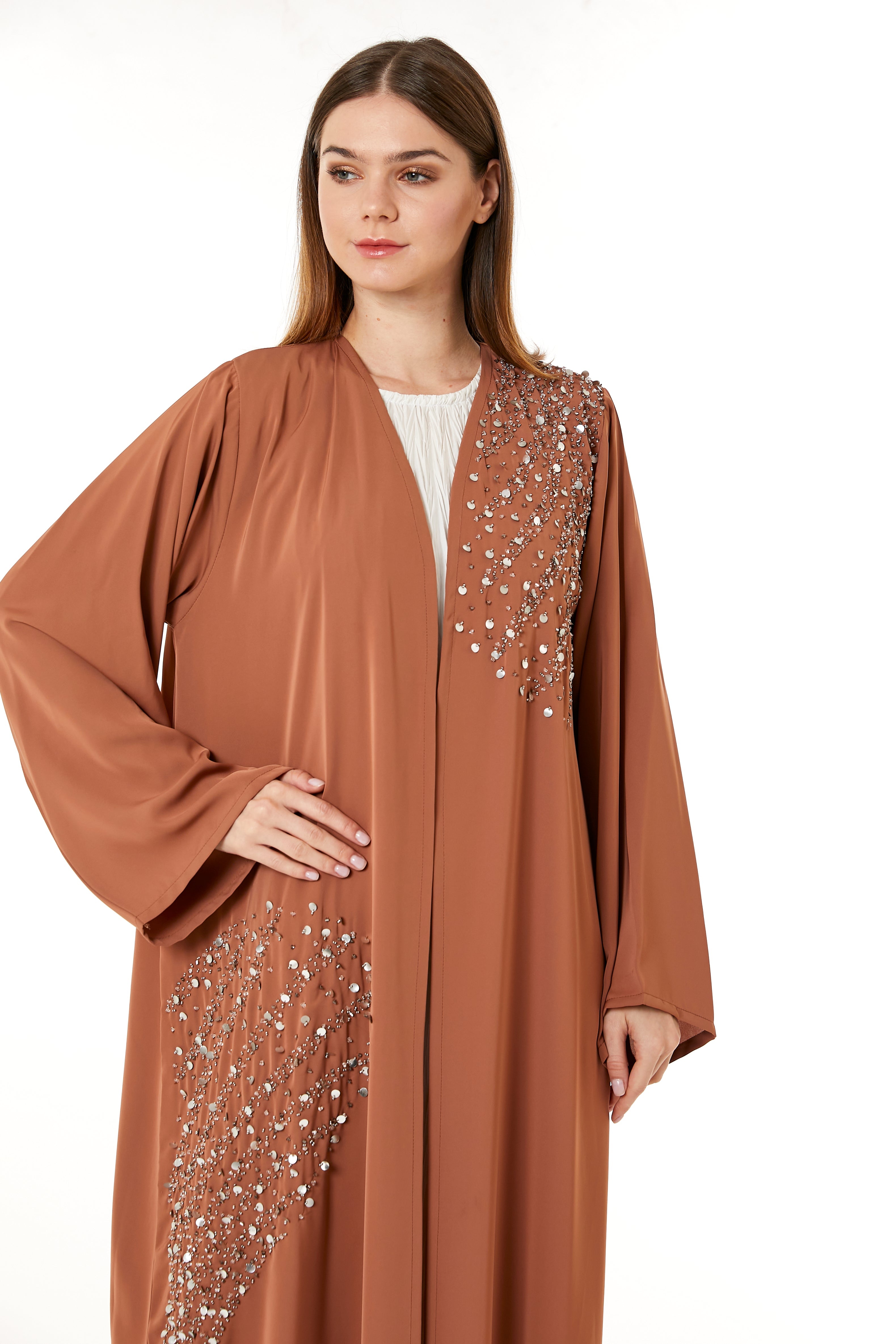 MOiSTREET Orange Korean Nida Hand Embellished Abaya