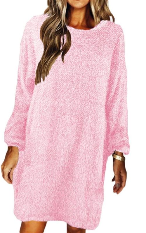Winter Loose Sweater Dress Long Sleeve Round Neck Plush Dresses Women Fleece Dress