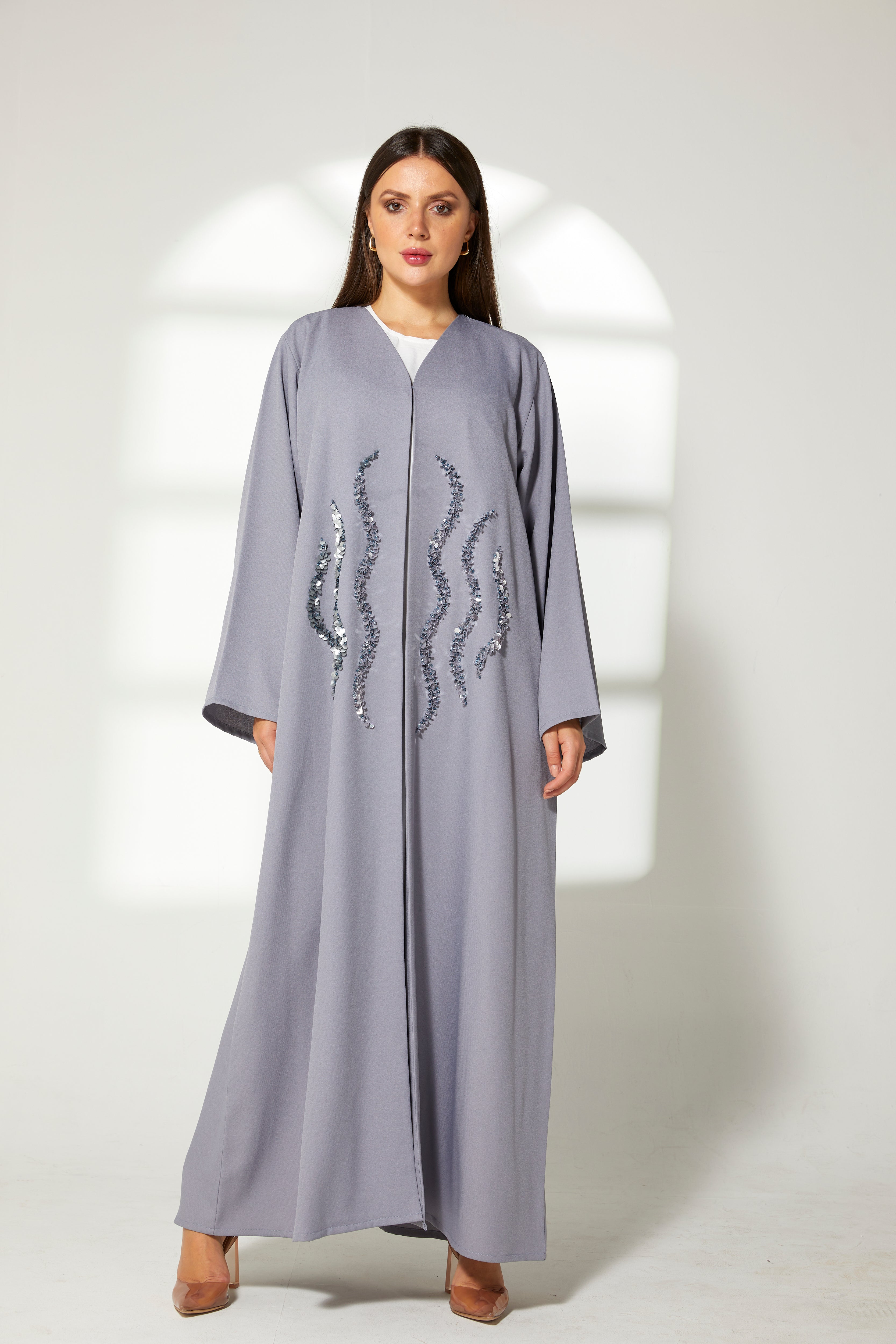 MOiSTREET Grey Korean Crepe Embroidery Abaya