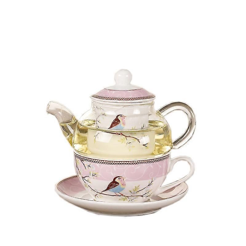 Ceramic Flower Teapot Flower Bird Cup Saucer Heat-Resistant Glass Pot Set Coffee Cup Afternoon Tea Tea Set Pink