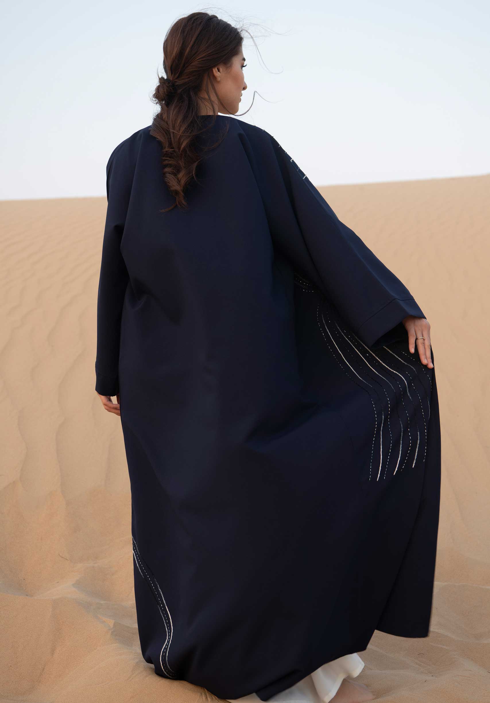 MOiSTREET Navy Open Abaya With Hand Embroidery