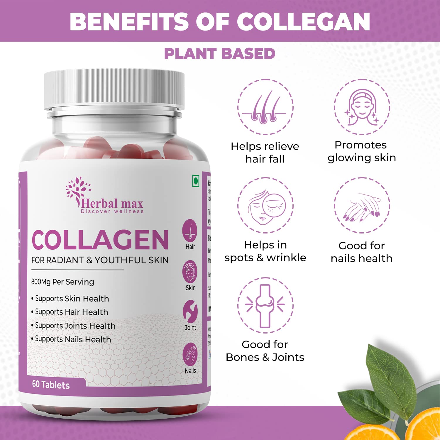 Herbal max Collagen to Boost Skin Repair & Regeneration for Youthful & Radiant Skin - 180 Tablets 800Mg, Pack of 3