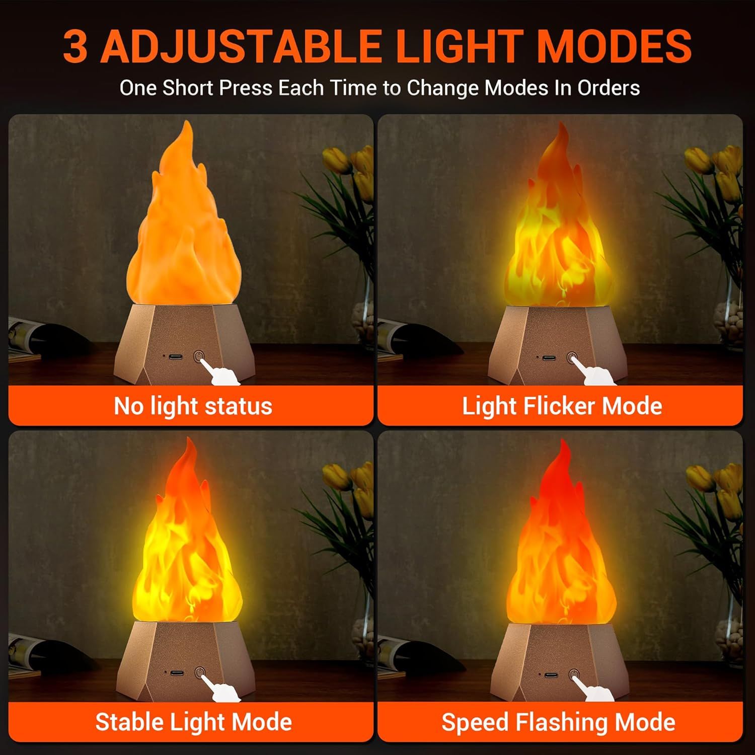 Fake Fire Lamp USB Rechargeable Flameless Candles with Flickering Flame for Camping Halloween