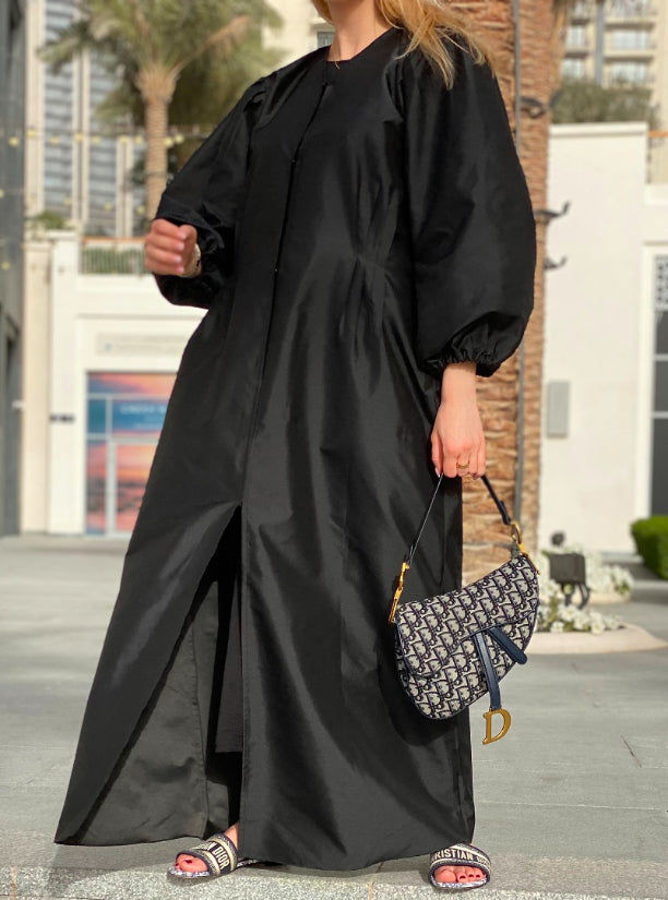 MOiSTREET Victoria Satin Bubble Sleeves & Gather Details Black Abaya Set with Under Dress & Sheila