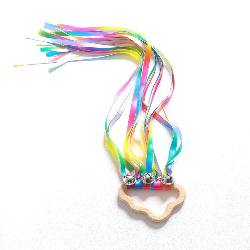 2pcs Rainbow Ribbon Rattle Ring Toys Molar Wooden Circle Baby Teether Sensory Toy Gifts