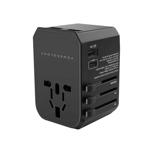 Powerology Universal Travel Adapter 45W PD Fast Charge, 3× USB-A + USB-C, Global Plug, Black