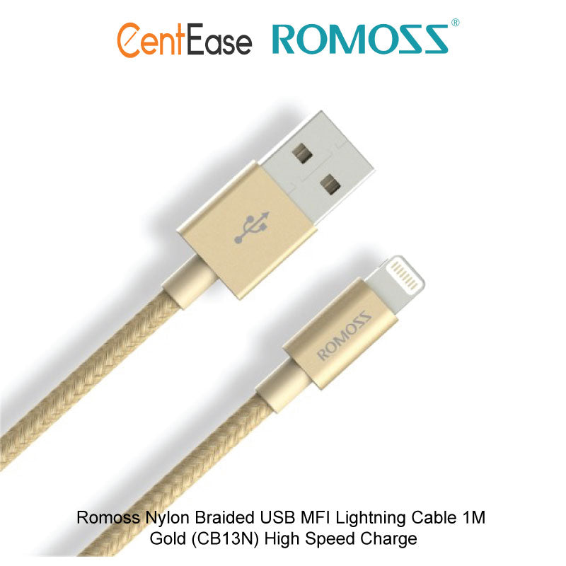كابل ROMOSS CB13N USB MFI Lightning مجدول بالنايلون 1 متر - ذهبي شحن عالي السرعة