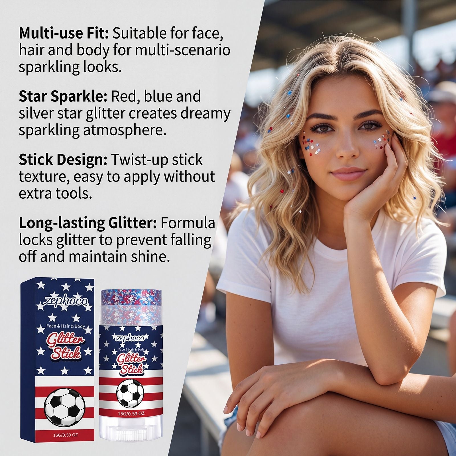 Zephoco Multi-use Glitter Stick for Face, Hair & Body, Festival Party Shimmer Makeup Glitter 15g