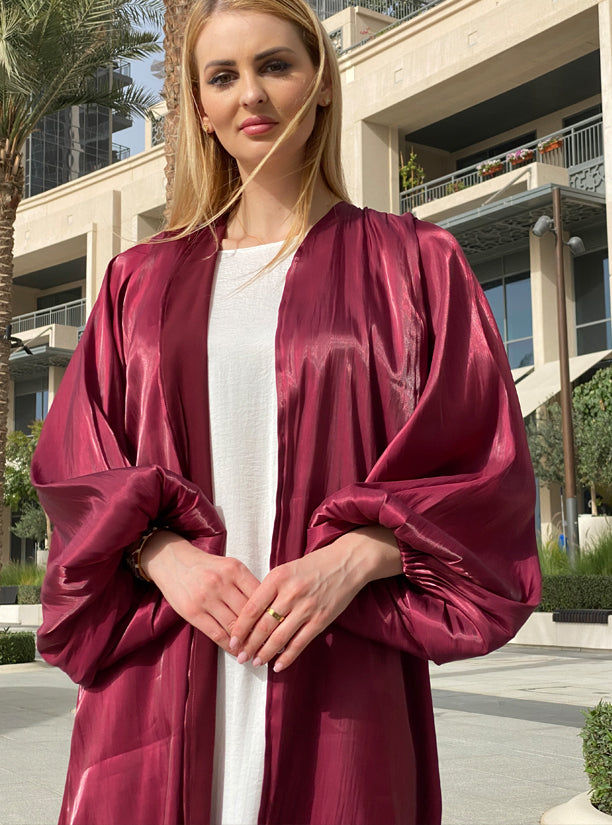 MOiSTREET Maroon Rotana Shimmer Abaya Set with Under Dress & Sheila