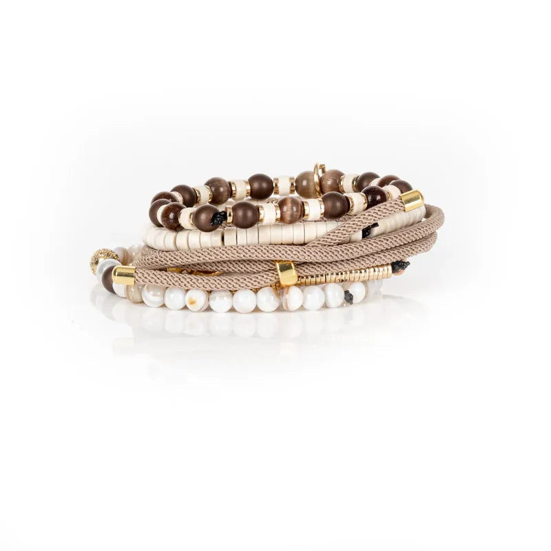 The Dark Ivory & Mocha Beaded Bracelet Stack Gold Compass Charm