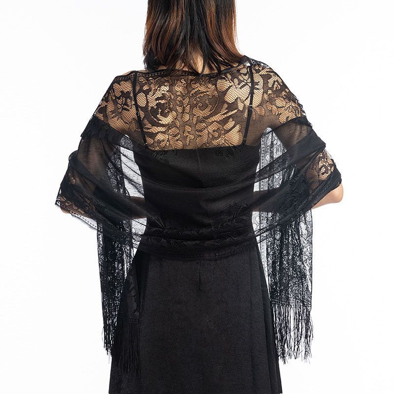 Black Lace Tassel Shawl Wrap for Women Wedding Evening
