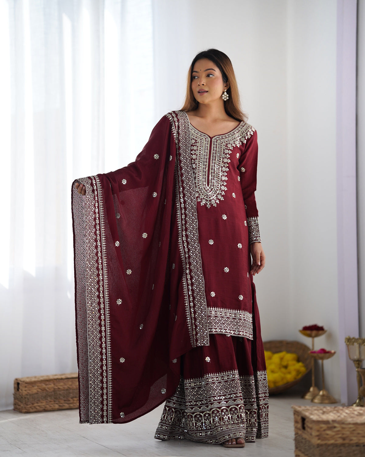 Fab Zone Women's Heavy Embroidered Kurti Plazo Set With Dupatta
