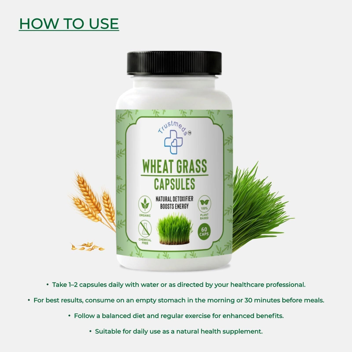 Trustmeds Wheat Grass Capsules for Digestion Energy & Stamina