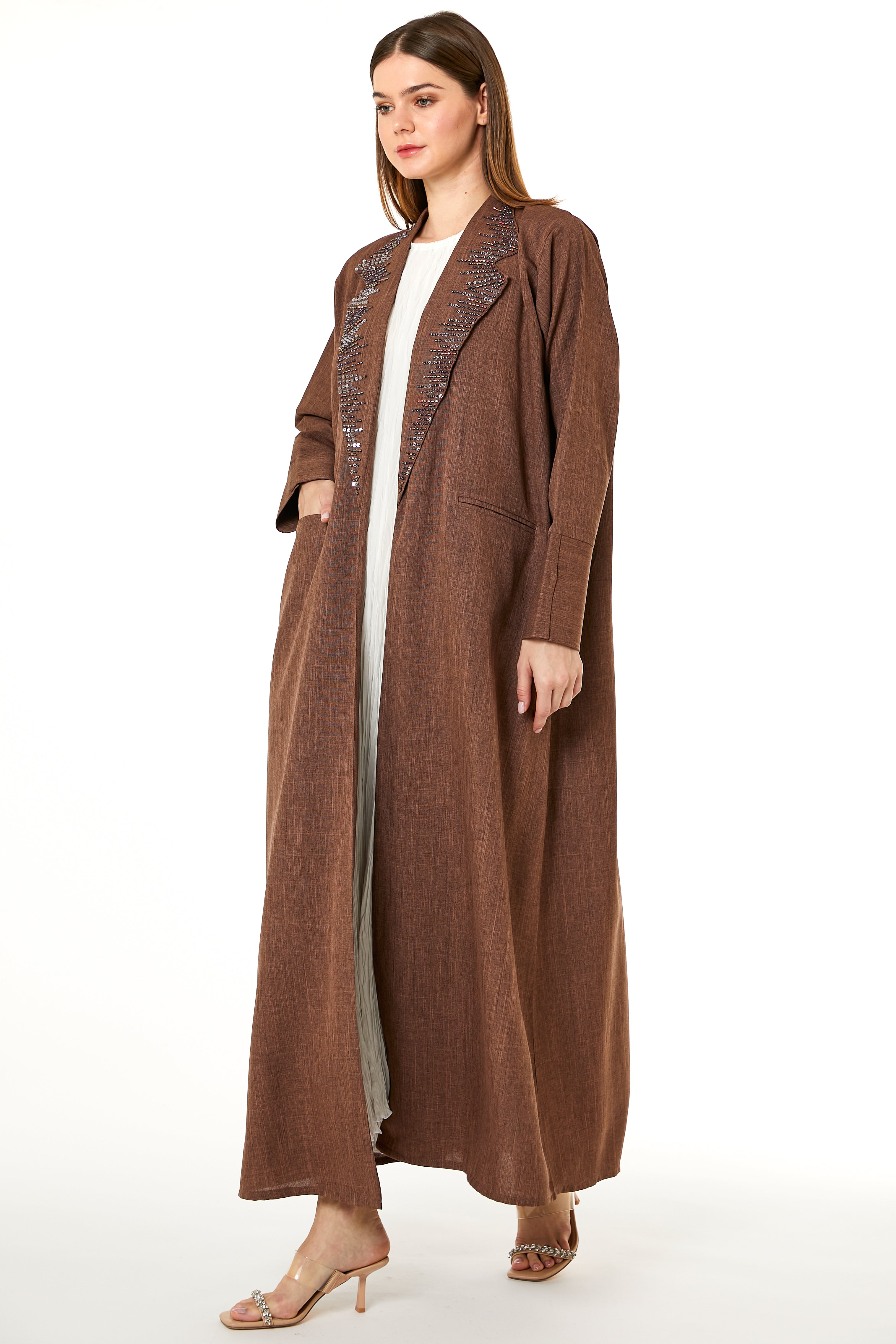 MOiSTREET Brown Melange Hand Embellished Abaya
