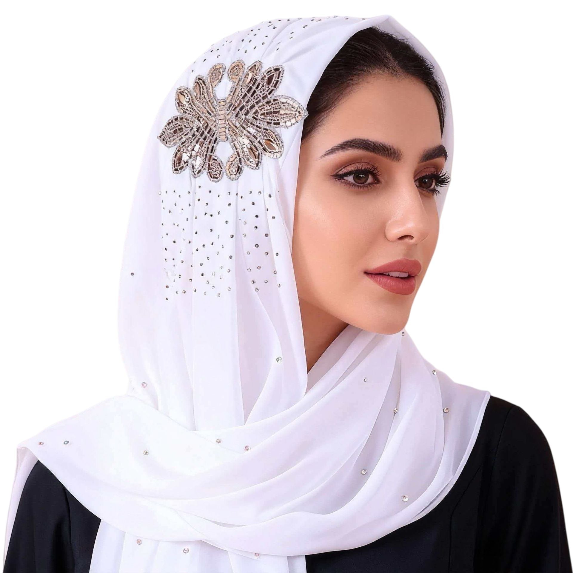 White Chiffon Pearl Floral Hijab Scarf for Women Wedding Shawl