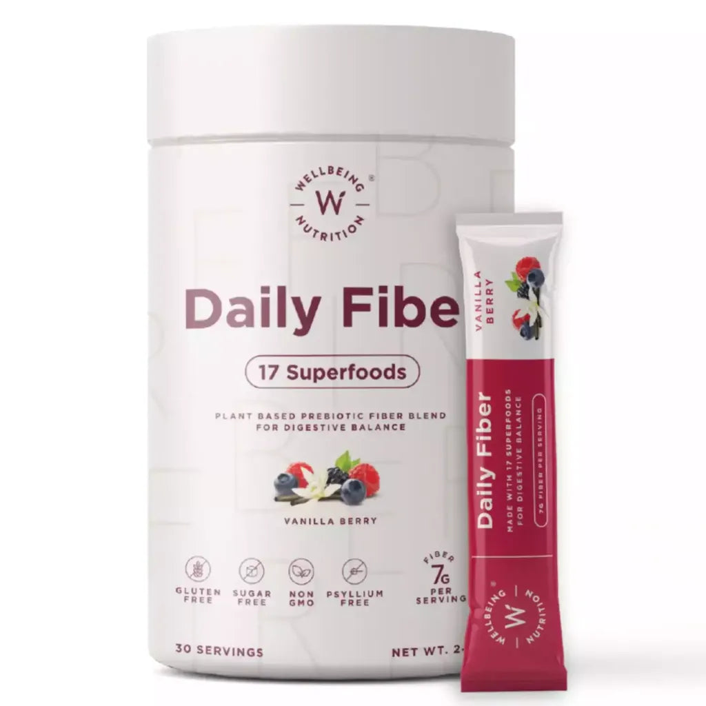 حزمة مزيج الفاكهة والتوت بالفانيليا من Wellbeing Nutrition Daily Greens و Daily Fiber