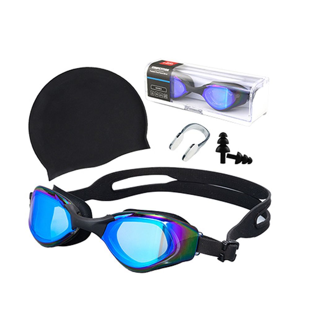 4Pcs Swim Goggles Set Anti Fog Adjustable Goggles Cap Earplug Nose Clip Set