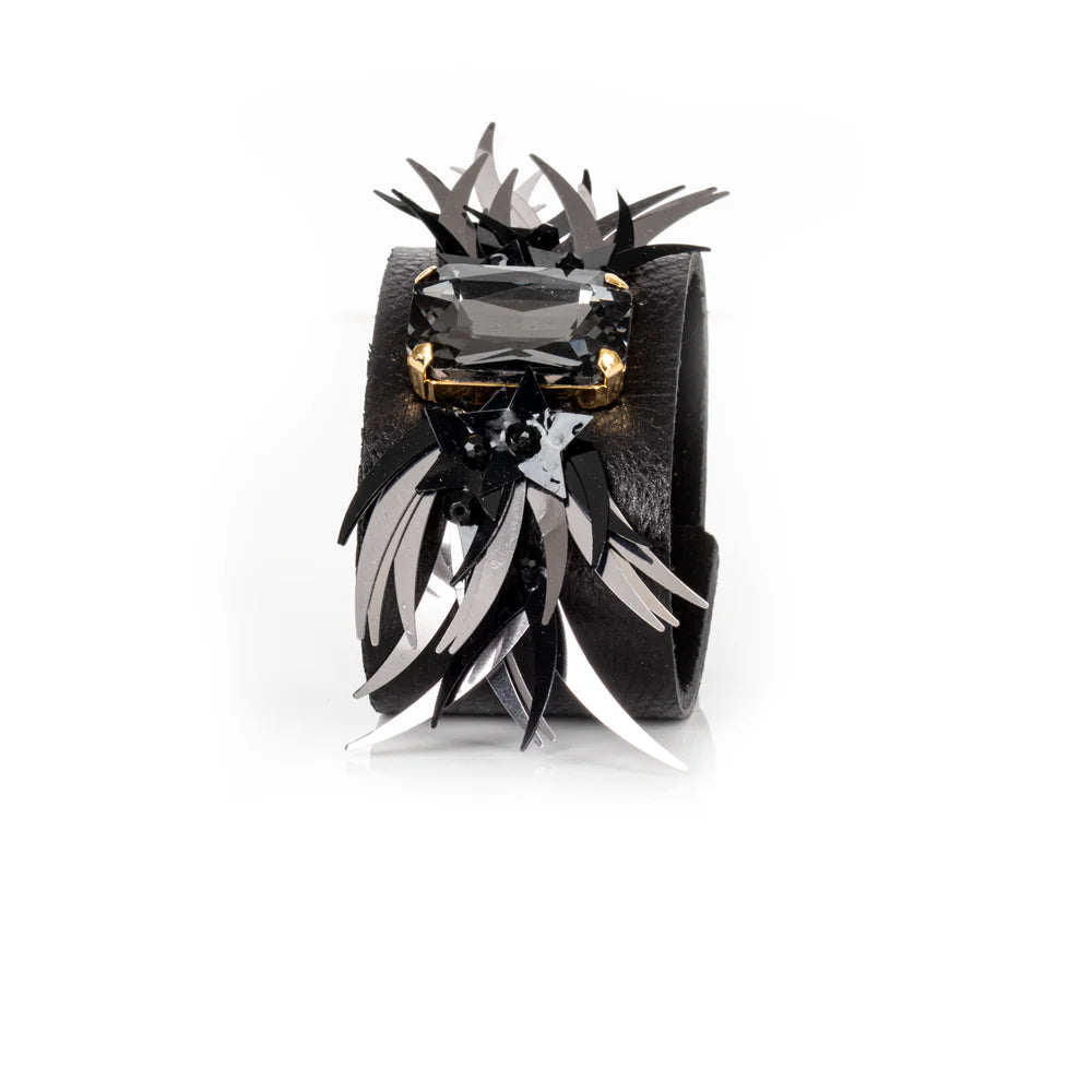 The Dark Black Leather Cuff with Faceted Crystal and Sculptural Metal