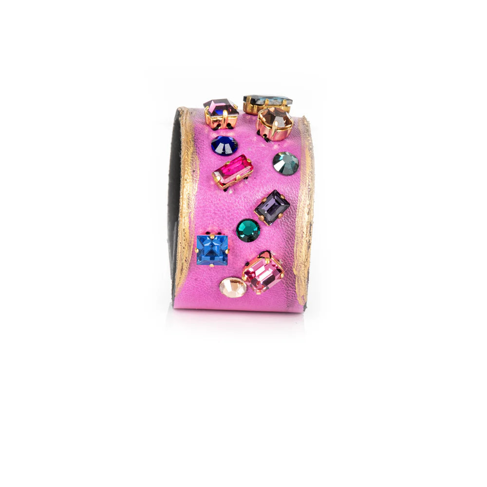The Dark Pink Leather Crystal Cuff Bracelet with Multicolor Gemstones