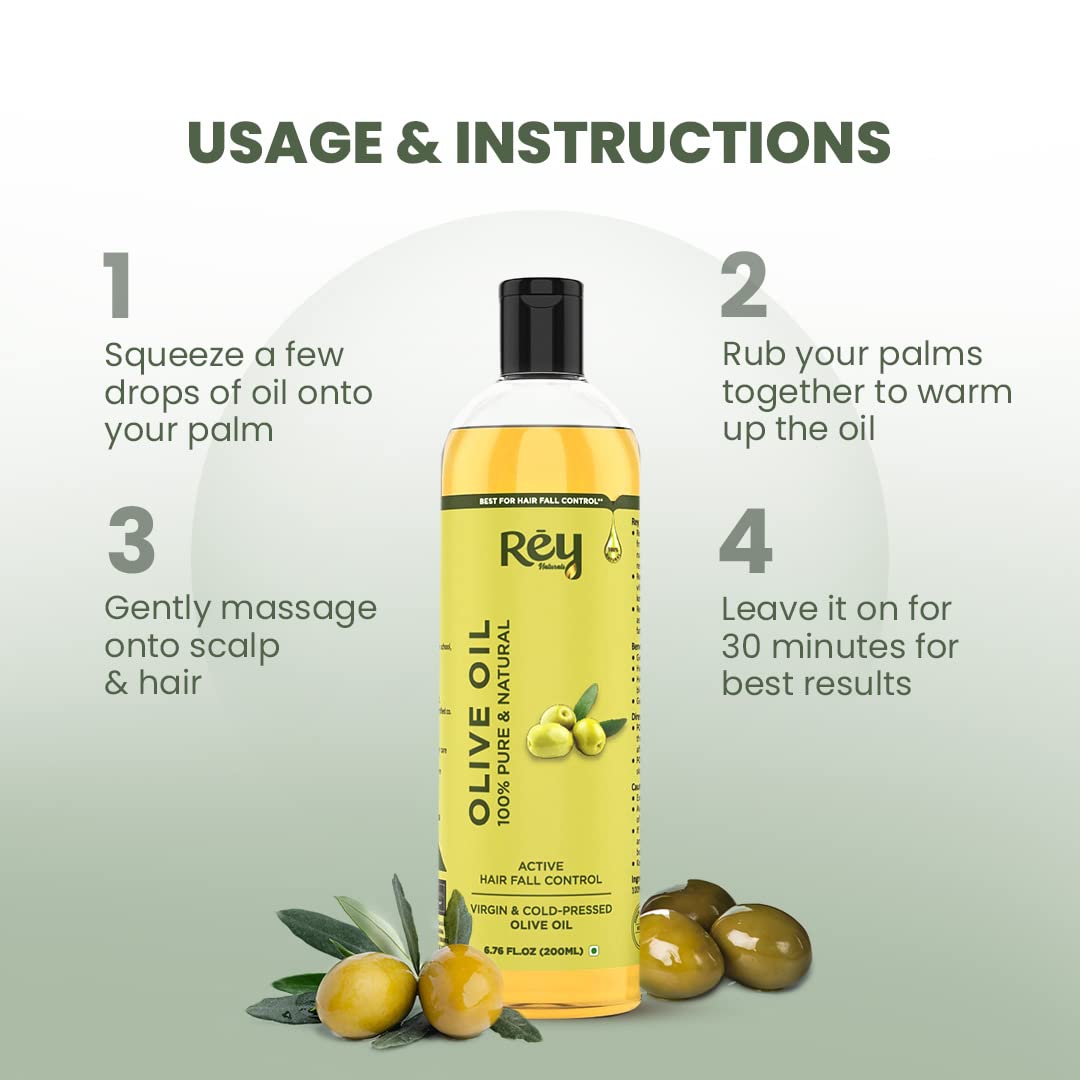 Rey Naturals Olive Oil Extra Virgin | Cold Pressed Olive Oil For Massage | Extra Light Olive Oil For Skin 200 ml