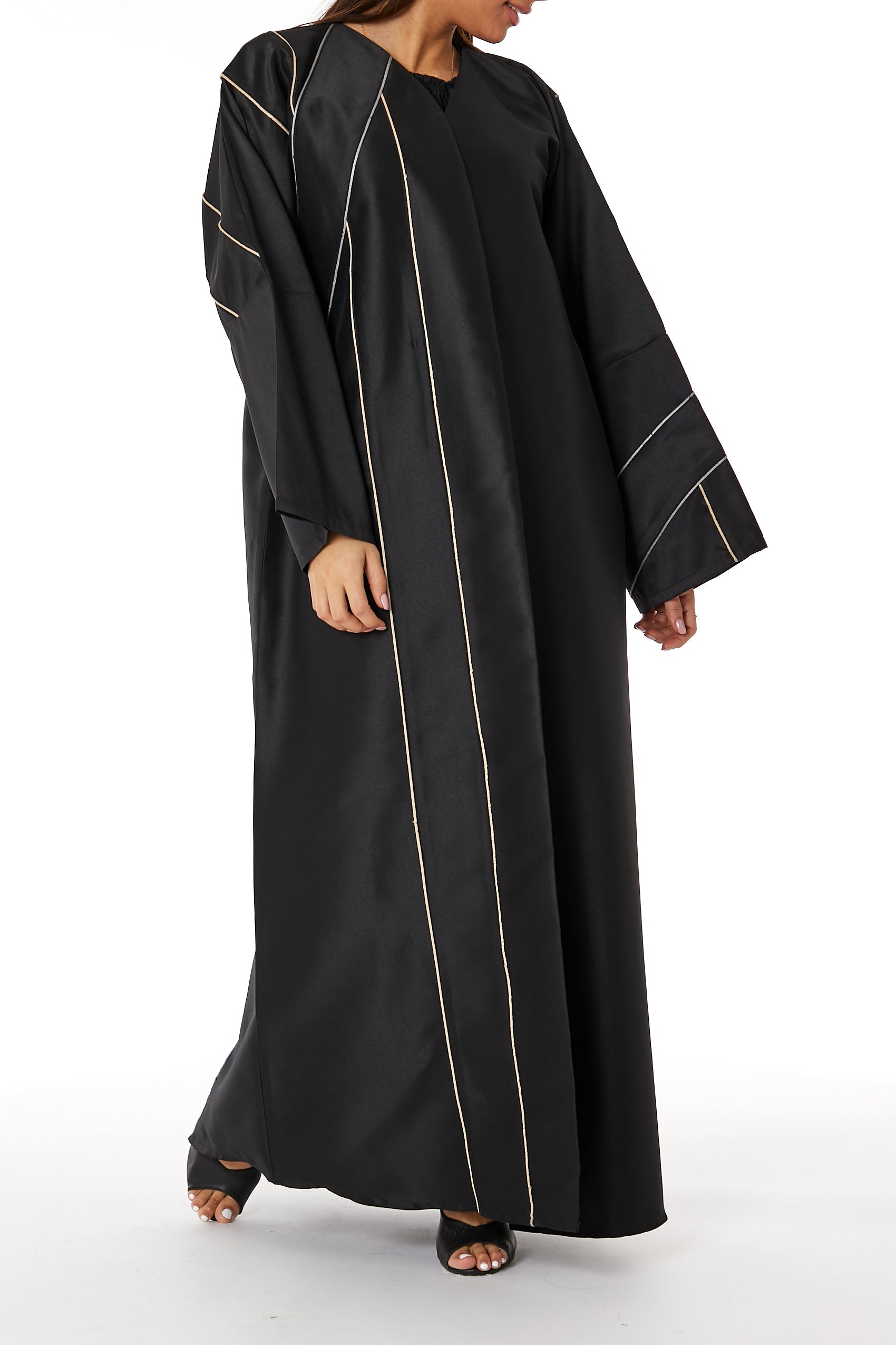MOiSTREET Black Bridal Satin V-Neck Abaya with contrast Lining