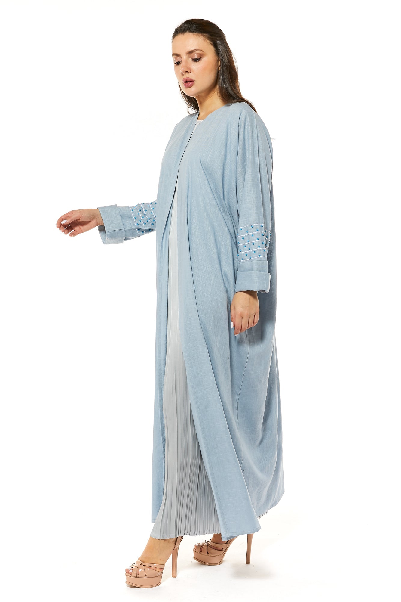 MOiSTREET Blue Linen Abaya with Threadwork