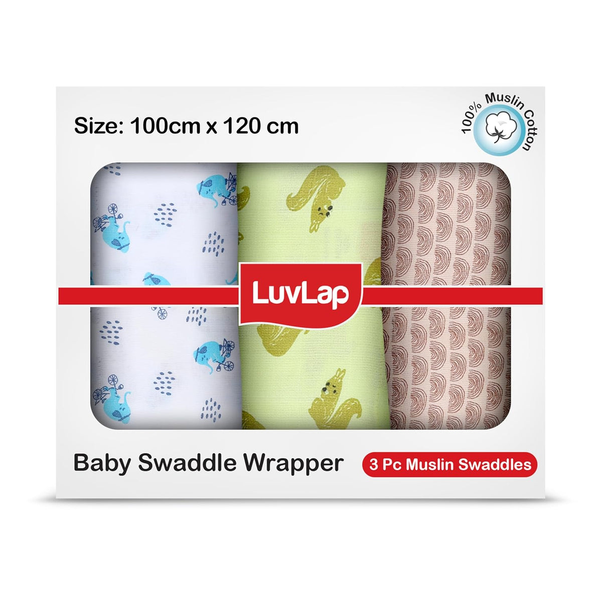 Luv Lap - Muslin Swaddle Set of 3 - Elephant Squirral