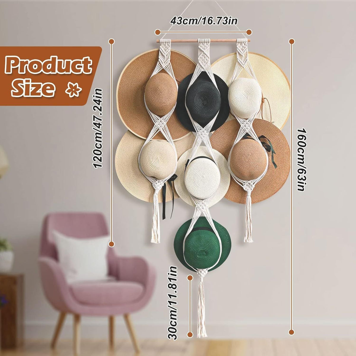 Hat Organizer Macrame Hat Hanger Handmade Cotton Rope Woven Hat Hangers