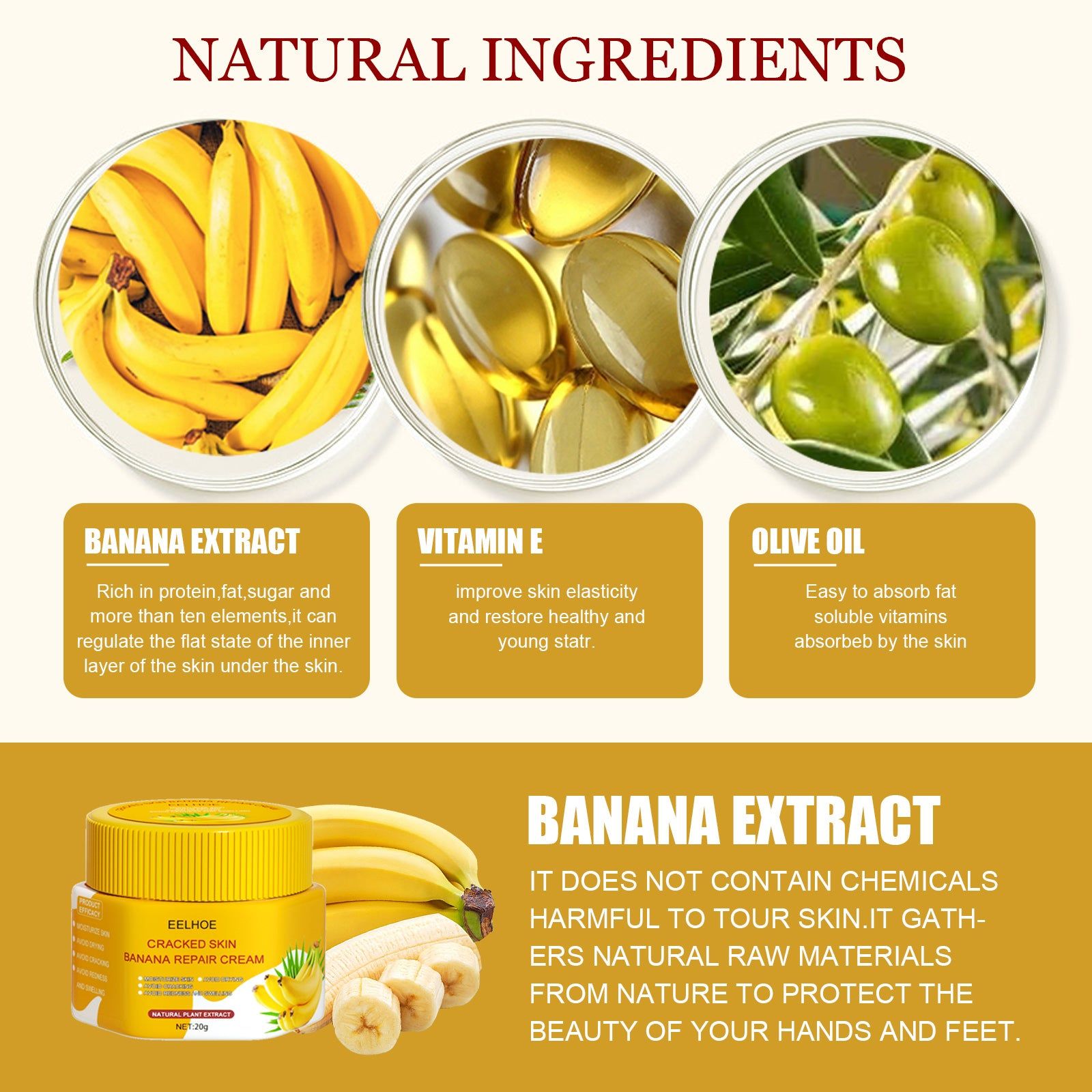 Banana Repair Cream for Dry Rough Hands Feet, Hydrating, Soothing, Anti-Cracking ,20g