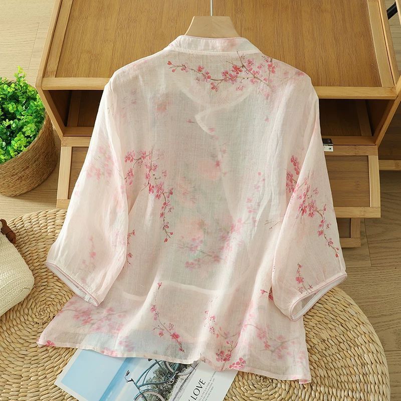 Chinese Style Embroidered Cotton Linen Loose Short Sleeve Top