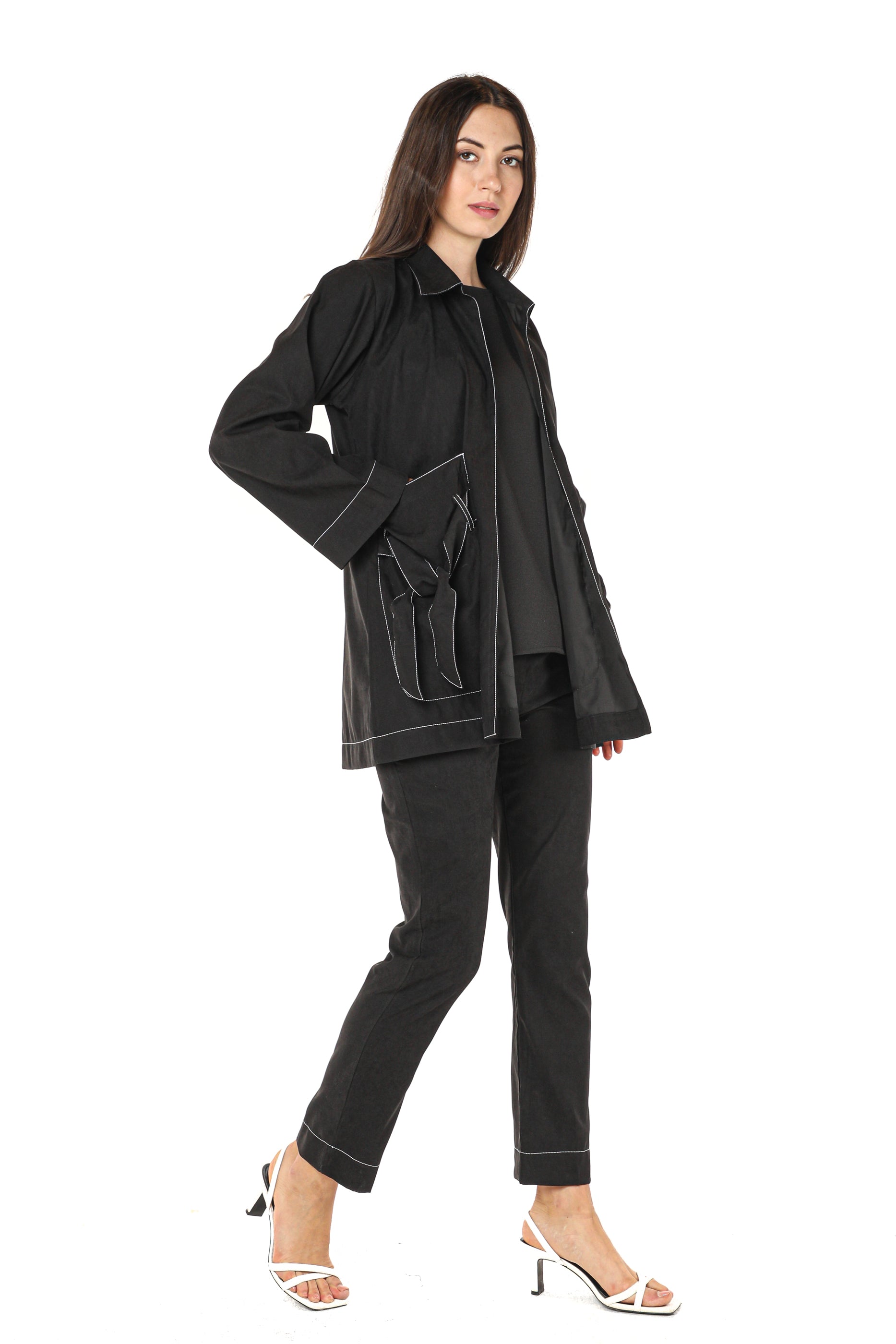 MOiSTREET Black Shamua Jacket and Pants with Crepe Fabric Top