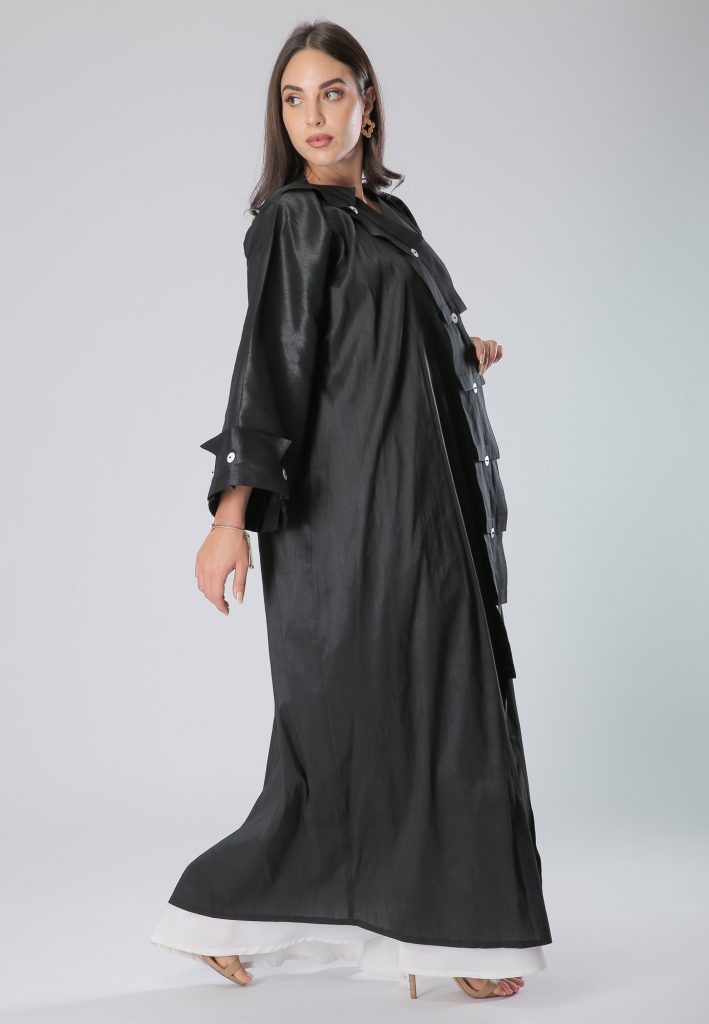 MOiSTREET Hindi Harir Black Pleats Buttons Lace Abaya