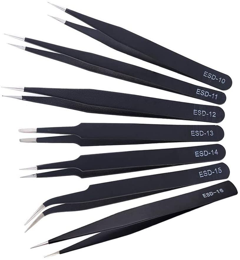 7 Pack Tweezers ESD Anti-Static Stainless Steel Tweezers Kit Safe Precision Tipped Tweezers