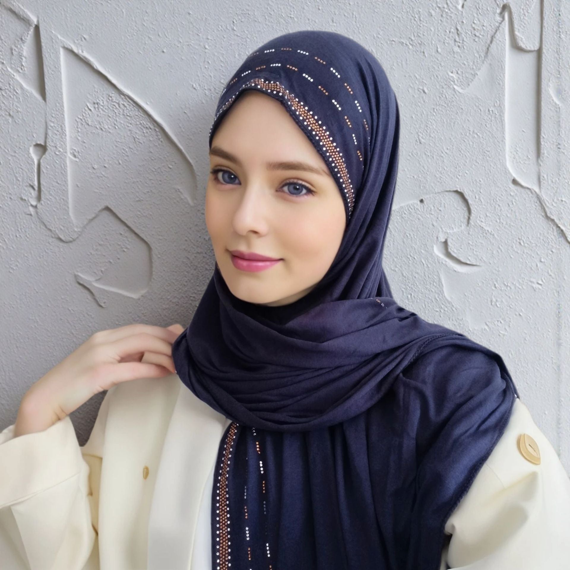 Black Modal Cotton Rhinestone Hijab Scarf for Women 170x55cm