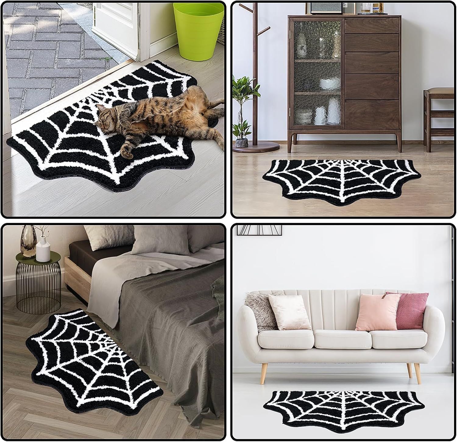 AIESY® Live Beautiful ! Spider Web Bath Mat, Black and White, Non-Slip Halloween Theme Bathroom Rug, Gothic Home Decor