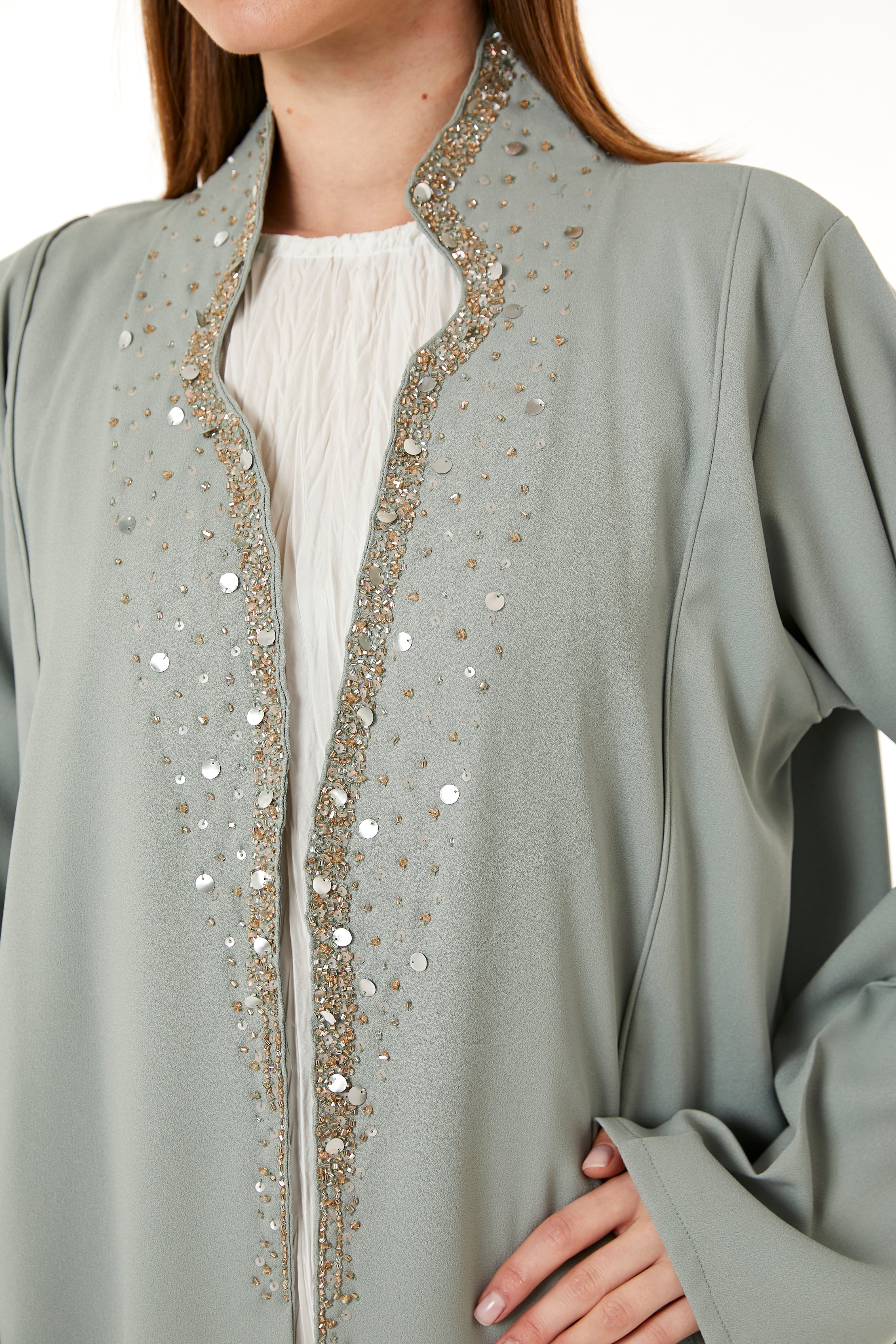 MOiSTREET Grey Indonesian Crepe Hand Embellished Abaya
